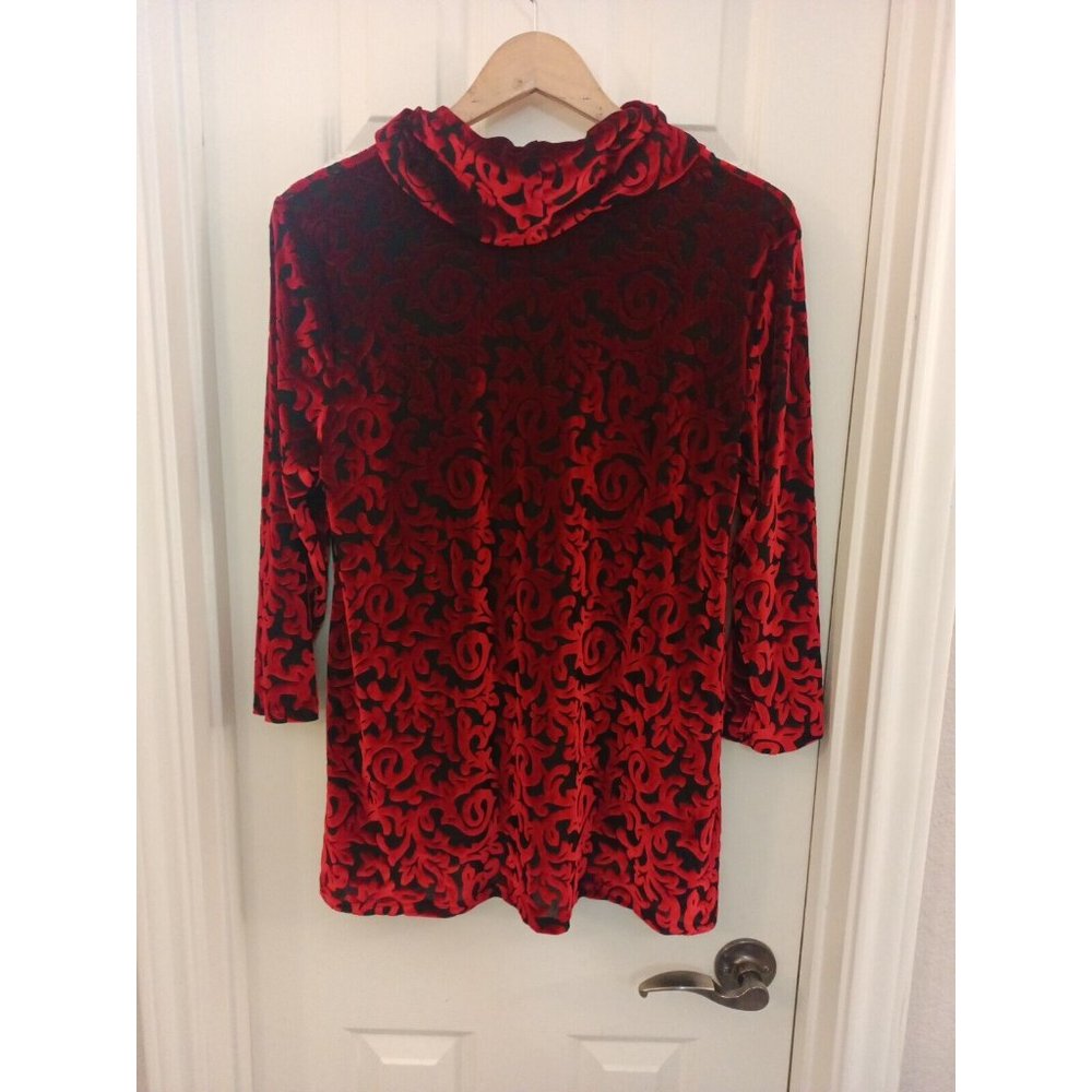 Women's Ruby Rd. Red/Black Velvet Soft Cowl Neck Elegant Blouse Size Medium - Picture 5 of 7